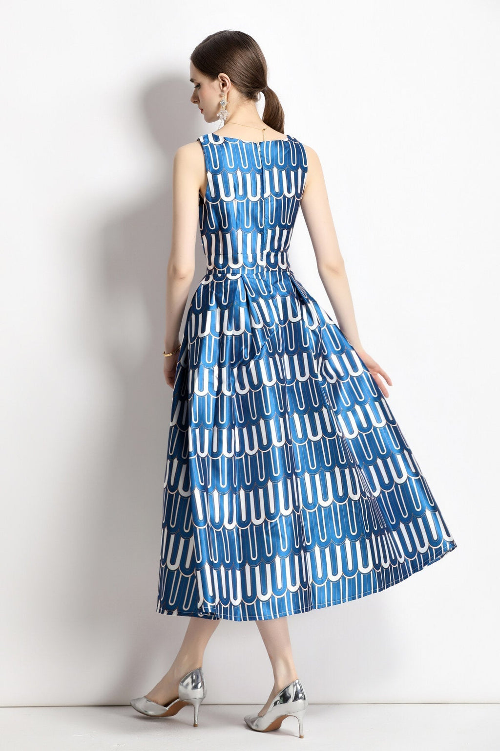 White and Blue Slim Fit A Line Tea Dress-3