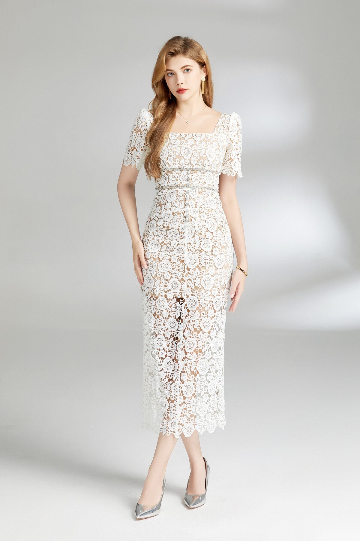White Floral Lace Cut Out Dress-2