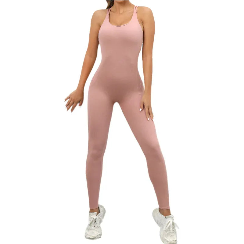 Yoga Jumpsuit With Cross-Strap Back Design Quick-Drying Tight-Fitting Running Sports Fitness Womens Gym Clothing